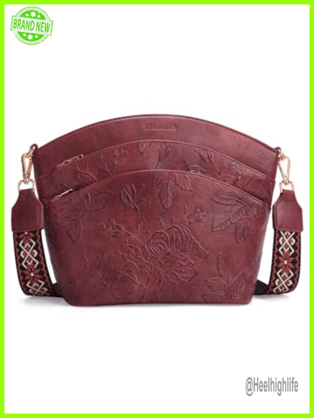 Vegan Leather Crossbody Bag Medium Daily Travel Purse Floral Embossed
